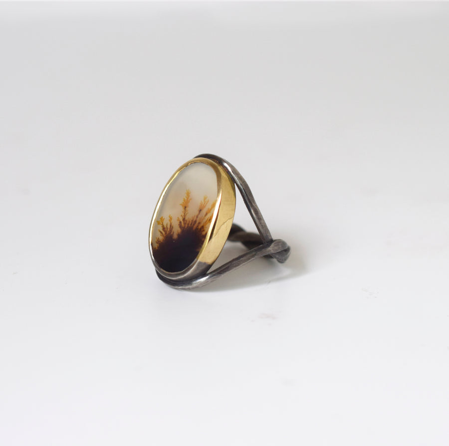 Golden Piece of Turf Dendritic Agate Ring