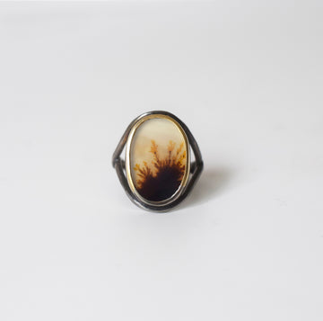 Golden Piece of Turf Dendritic Agate Ring