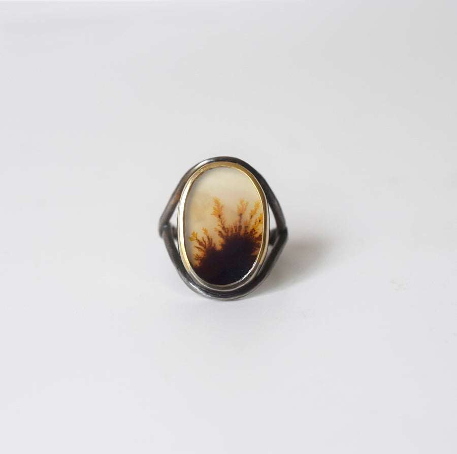 Golden Piece of Turf Dendritic Agate Ring